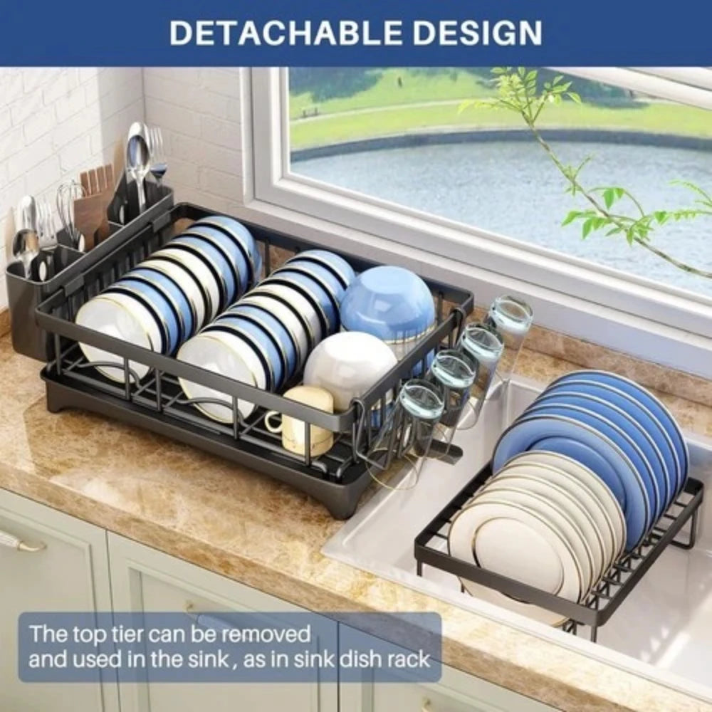 2-Tier Stainless Steel Kitchen Sink Dish Drainer & Drying Rack, Includes Cup & Cutlery Holders