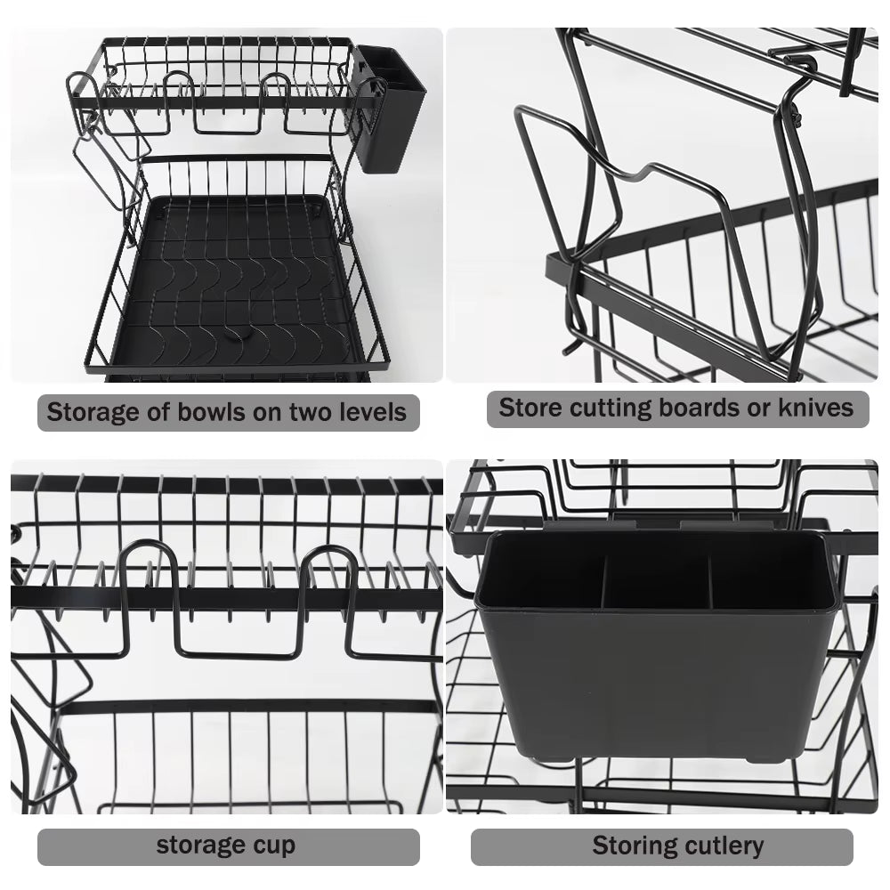 2-Tier Stainless Steel Kitchen Sink Dish Drainer & Drying Rack, Includes Cup & Cutlery Holders