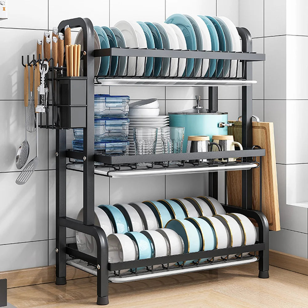 Dish Drying Rack 2/3-Tier Kitchen Organizer Dish Rack Drainboard Set Kitchen Accessories Organize Countertop Dinnerware Storage