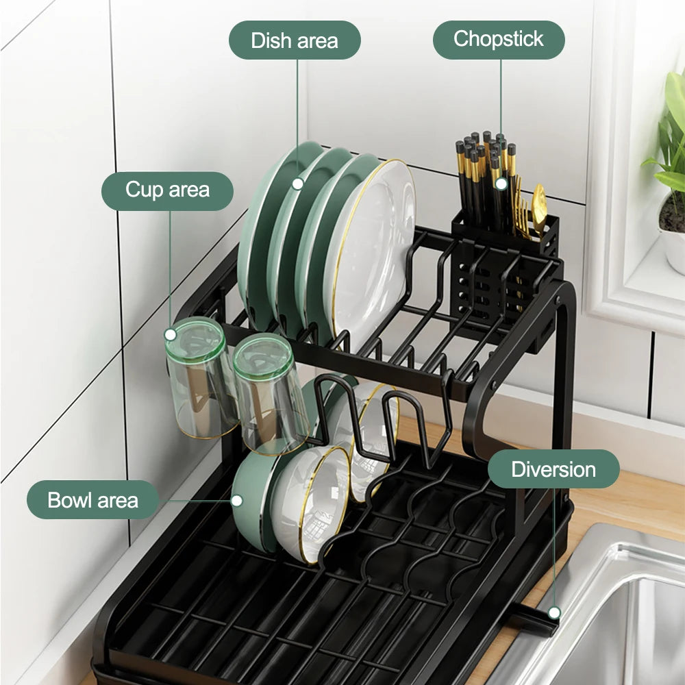 Dish Drying Rack 2/3-Tier Kitchen Organizer Dish Rack Drainboard Set Kitchen Accessories Organize Countertop Dinnerware Storage